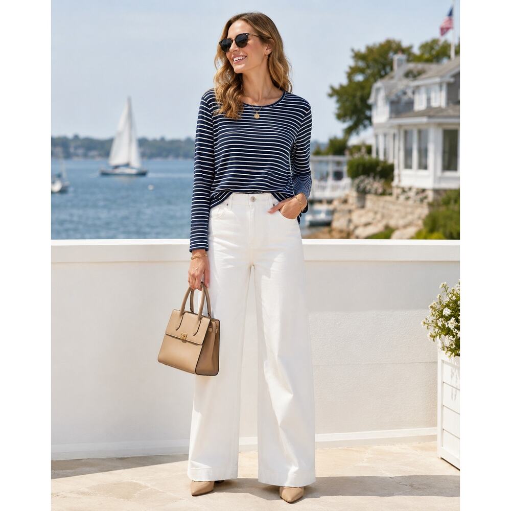 J.McLaughlin Women’s Medium Navy White Stripe Cotton 3/4 Sleeve Top Coastal Chic